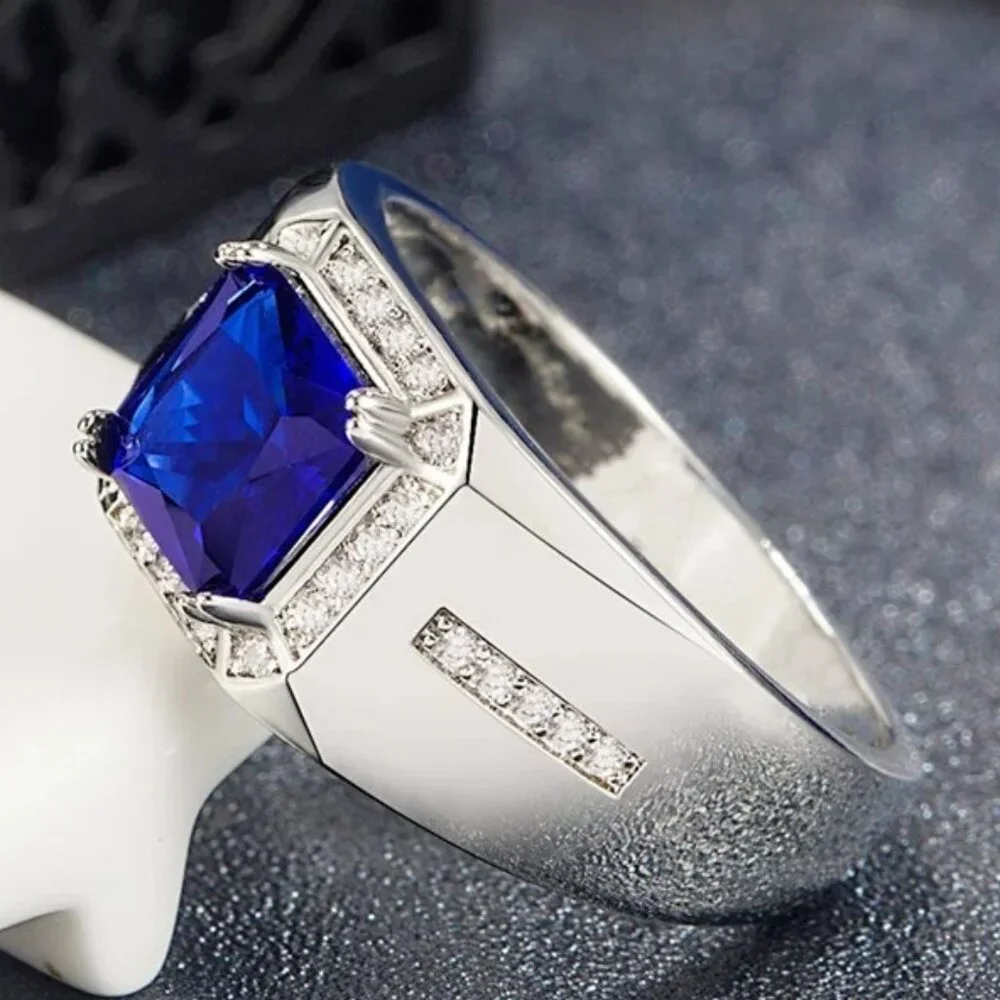 🆕 Men's Micro Pave 3.00ctw. Sapphire and Diamond Ring 18K White Gold Pltd 🆕 - Picture 4 of 7